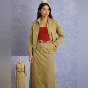 Kates Vintage Khaki 3 Piece Set Jacket Maxi Skirt Belt Pockets M